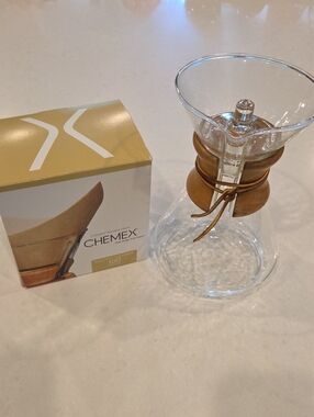 Chemex Glass Pour-Over Coffee Maker with Brown Wood Collar and Leather Tie